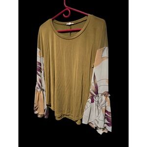 MYSTREE Woman Hippie Boho Chiffon Bell Long Sleeves Tan Floral Lightweight Large